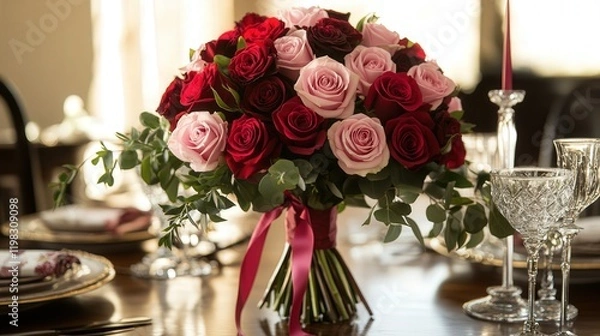 Obraz vibrant red and pink roses, tied with a ribbon, resting on a romantic table setting for a perfect Valentine Day celebration