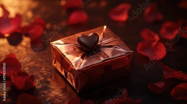 Obraz beautiful box of chocolates wrapped in shiny paper, surrounded by soft lighting and rose petals, symbolizing love for Valentine Day