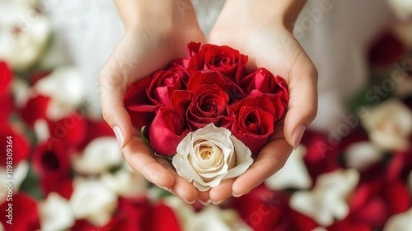 Obraz beautiful image of soft hands holding a bouquet of red and white roses, with gentle petals surrounding the delicate fingers.