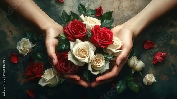 Obraz beautiful image of soft hands holding a bouquet of red and white roses, with gentle petals surrounding the delicate fingers.