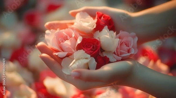 Obraz beautiful image of soft hands holding a bouquet of red and white roses, with gentle petals surrounding the delicate fingers.