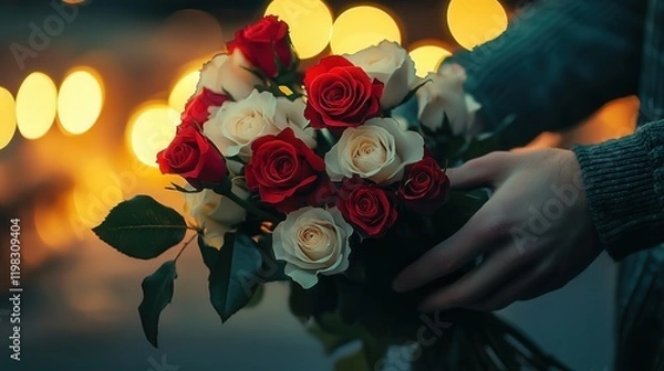 Obraz beautiful moment of love captured with a man hands holding a bouquet of red and white roses, symbolizing warmth and passion in a glowing setting