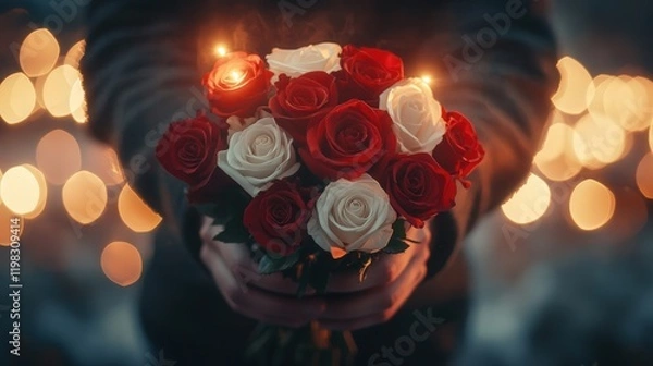 Obraz beautiful moment of love captured with a man hands holding a bouquet of red and white roses, symbolizing warmth and passion in a glowing setting