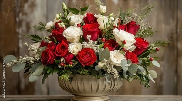 Obraz Valentine's Day bouquet of red roses with accents of white, presented in an elegant vase to brighten your loved one's day