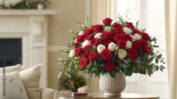 Obraz Valentine's Day bouquet of red roses with accents of white, presented in an elegant vase to brighten your loved one's day