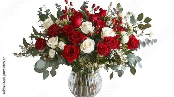 Obraz Valentine's Day bouquet of red roses with accents of white, presented in an elegant vase to brighten your loved one's day