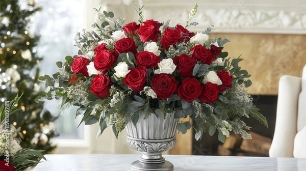 Obraz Valentine's Day bouquet of red roses with accents of white, presented in an elegant vase to brighten your loved one's day