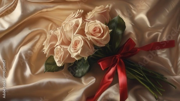 Obraz Valentine Day gift of roses wrapped in delicate paper and tied with a red ribbon, resting on a silk cloth