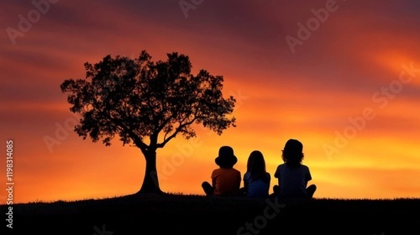 Fototapeta Sunset Silhouette: Three children sit silhouetted against a vibrant sunset, their backs to the camera, creating a poignant scene of childhood innocence and wonder beneath a lone tree. 