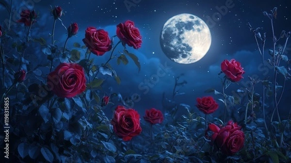 Fototapeta Valentine's Day image of roses presented during a romantic evening under a glowing full moon