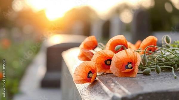 Fototapeta Bright orange poppies resting on stone surface at sunset