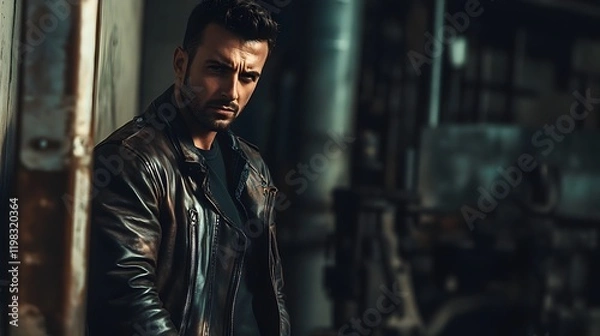 Obraz Man in Leather Jacket Standing Against a Wall