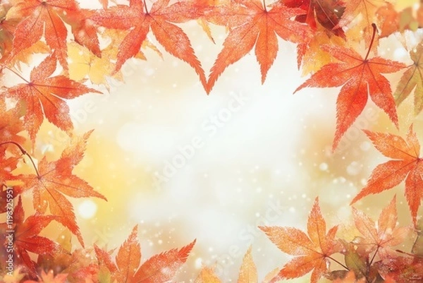 Fototapeta Vibrant autumn maple leaves with morning dew form a cozy frame, embracing a clean white center for your text.