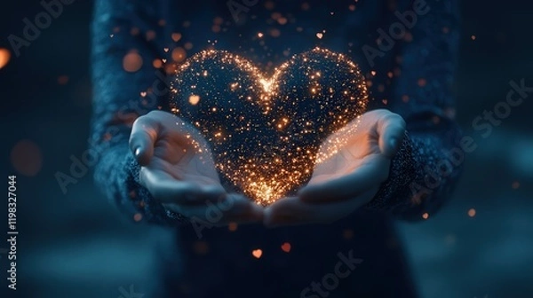 Fototapeta heart shape composed of tiny glowing dots, creating a dreamy and futuristic Valentine Day aesthetic.