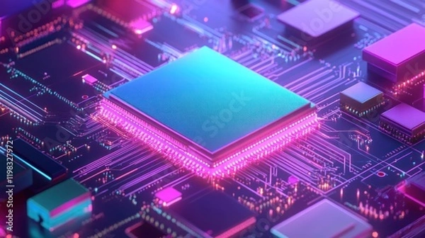 Fototapeta Neon Glowing CPU Processor Circuit Board: Digital Technology Abstract