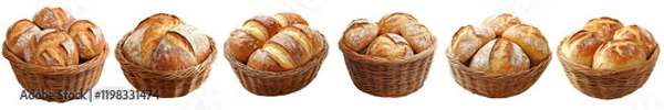 Fototapeta Six Wicker Baskets Filled with Golden Brown Crusty Bread Rolls on transparent background