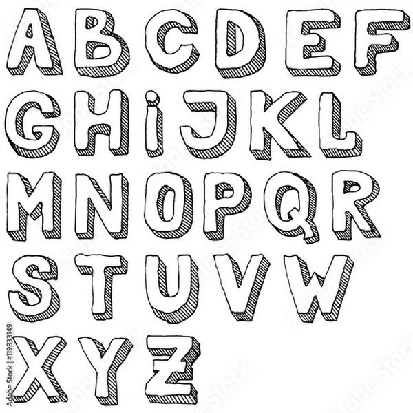 Fototapeta Hand drawn set of ABC letters. Free-hand alphabet illustration. 3d doodle.