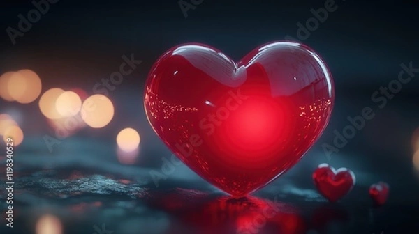 Fototapeta red heart with a glossy finish, glowing softly against a dark background to capture the romance of Valentine's Day