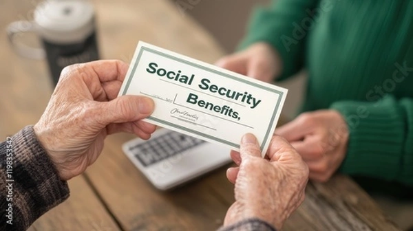 Fototapeta Social security welfare. Social Security benefits document exchanged between hands.