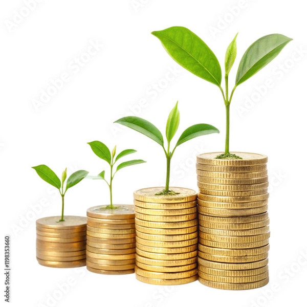 Obraz A coin pile with a plant symbolizing financial growth on a transparent background