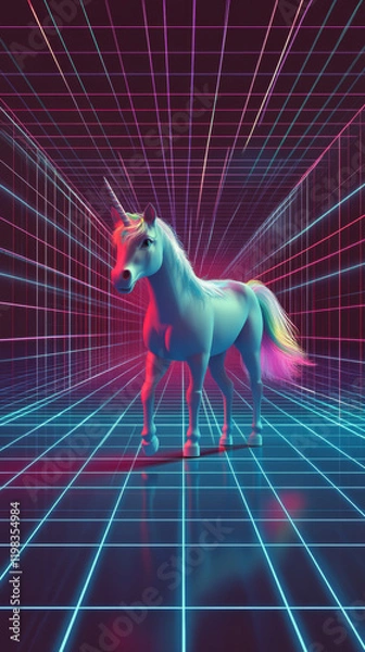 Fototapeta 3d render of a unicorn on grid