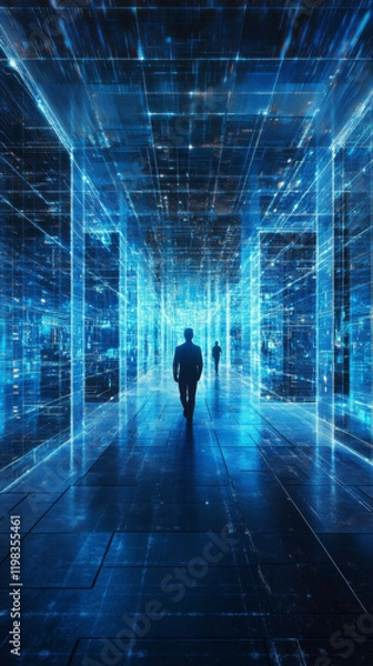 Fototapeta silhouette of a man walking in the neon grid corridor