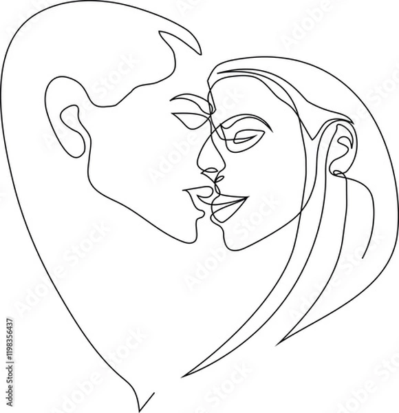 Fototapeta love related art, elegant one-line drawing of a kissing couple forming a heart shape. This minimalist and romantic design is perfect for wall art 