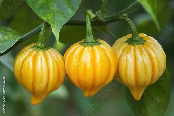 Fototapeta The spiciest chili known as Jamaican Scotch Bonnet during its growth stage before picking