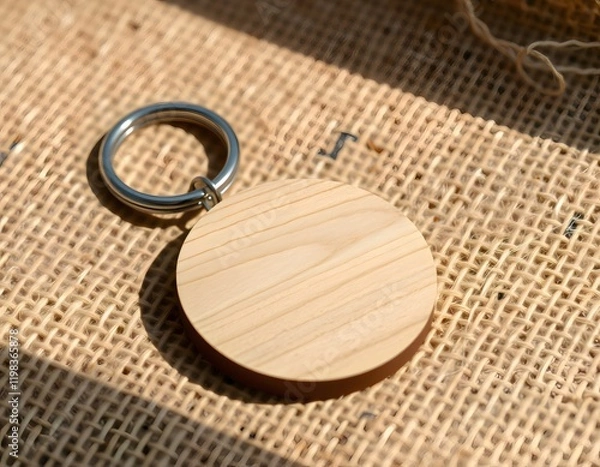Fototapeta Round wooden keychain resting on burlap surface in sunlight
