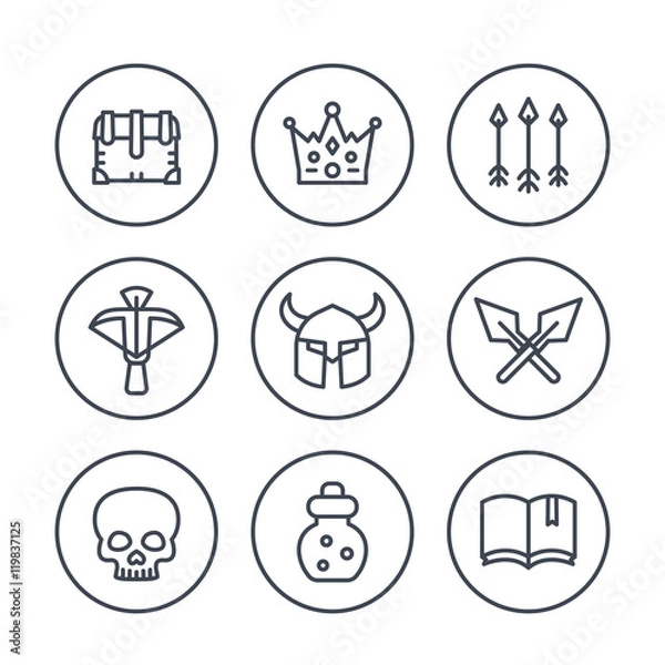 Fototapeta Game line icons in circles set 2, RPG, arrows, crown, potion, crossbow, chest, medieval, fantasy, vector illustration