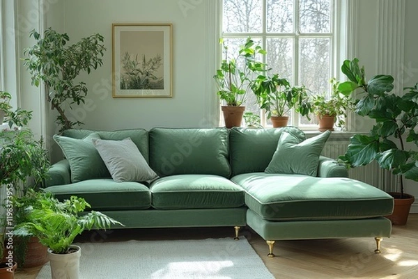 Obraz Light olive velvet sofa with chaise lounge and gold legs, modern style, plants, and bright studio room with angled view and daylight.