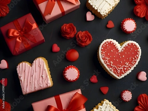 Fototapeta Valentines Day Greeting Card with chocolate bon bon frame.