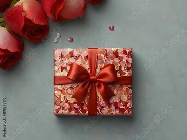 Fototapeta red rose and gift box, A small red box filled with heart-shaped flowers, great for romantic occasions or Valentine's Day.