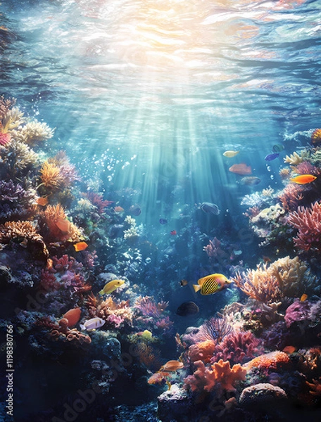 Fototapeta A colorful coral reef with many fish swimming in it