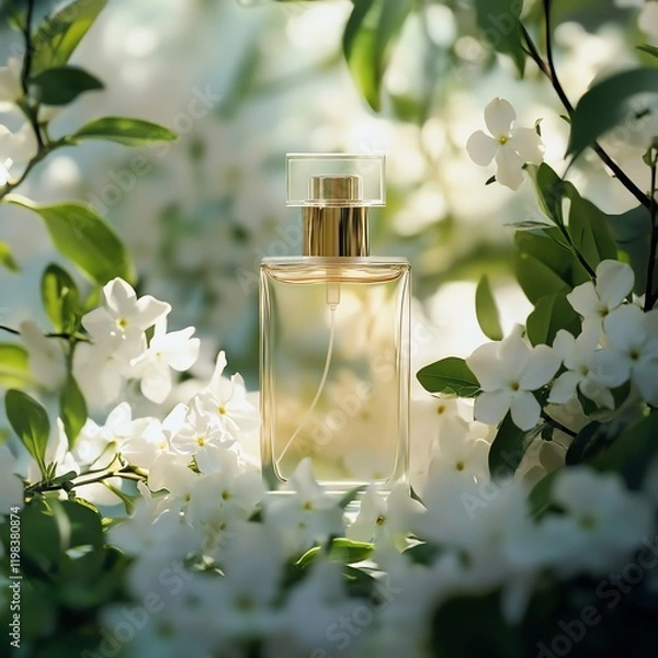 Obraz Luxury perfume bottle surrounded by jasmine flowers in a dreamy nature setting. Award-winning cinematic photography with elegant, poetic aesthetics for high-end campaigns.