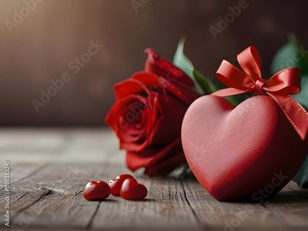 Fototapeta red rose and gift box, A small red box filled with heart-shaped flowers, great for romantic occasions or Valentine's Day.