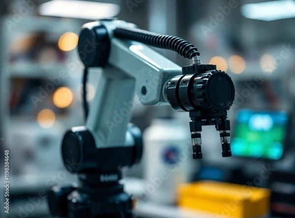 Fototapeta Advanced robotic arm operates in a laboratory, showcasing intricate movements for automation and precision engineering tasks.