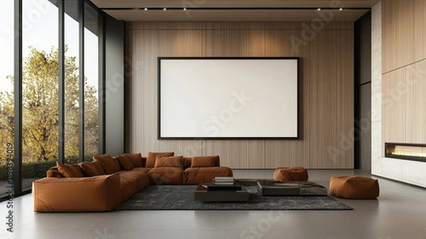 Fototapeta Stylish living room with large blank frame and cozy seating area