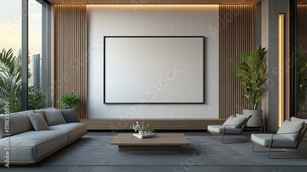 Fototapeta Modern living room with blank frame, stylish furniture, and greenery