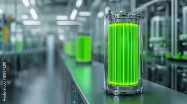 Fototapeta glowing green energy storage unit in modern industrial setting, showcasing advanced technology and innovation, Future battery concept