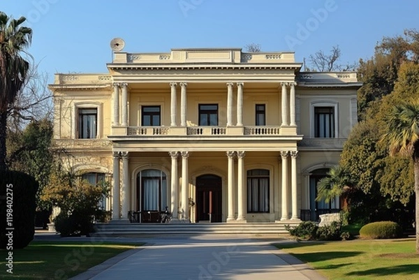 Fototapeta A grand, historic Neoclassical style mansion with classical architecture featuring tall columns, large windows, and a well-maintained garden. The building is set against a clear blue sky.
