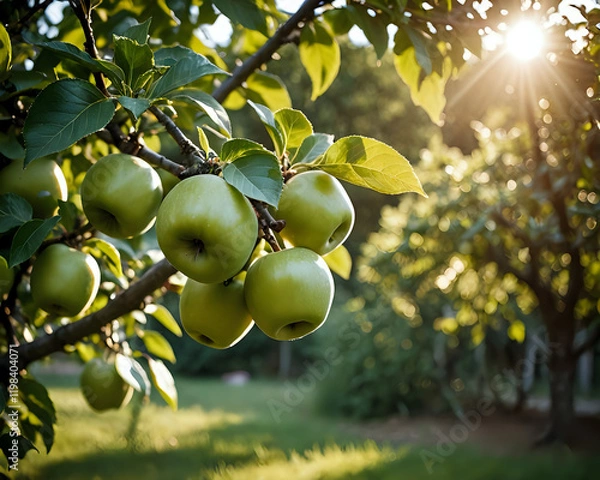 Fototapeta Summer, sunshine, apple tree, close up on green apple