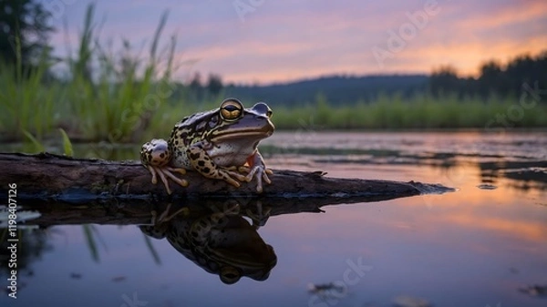 Fototapeta Oregon Spotted Frog at Dusk by Twilight Pond