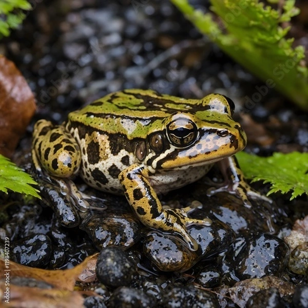Fototapeta Hidden in Plain Sight: Oregon Spotted Frog Camouflaged in Nature