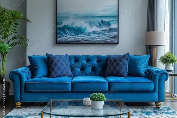 Fototapeta Blue loveseat sofa with gold legs and glass coffee table in modern living room, photorealistic design with studio lighting.