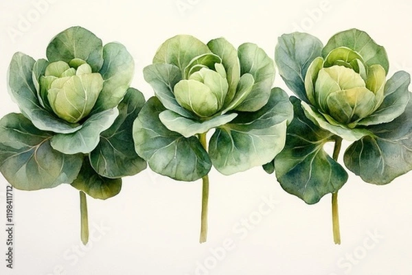 Obraz Three watercolor illustrations of green cabbage heads on a white background.