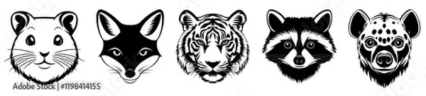 Fototapeta PNG Stylized animal face illustrations set, isolated on transparent background