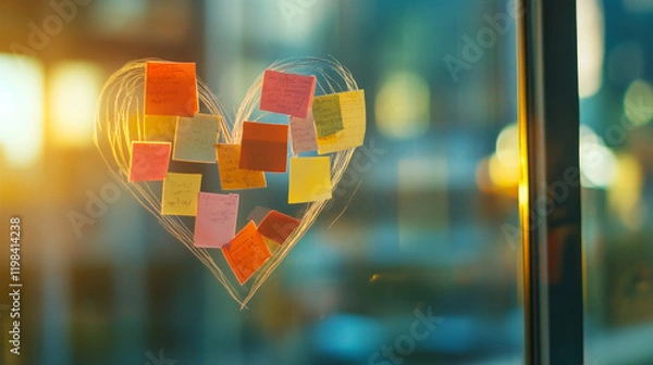 Fototapeta heart made of sticky notes in the window