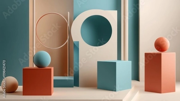 Fototapeta Abstract Geometric Composition: Teal, Coral, and Beige Forms
