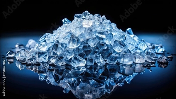 Fototapeta High-angle shot of a glistening glacial ice heap, crushed and meticulously textured, stark against a black backdrop.
